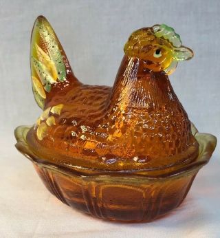 Fenton Art Glass Hand Painted Orange Slice Covered Chicken / Hen On Nest 4