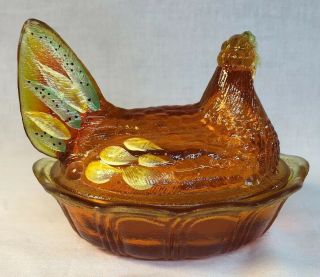 Fenton Art Glass Hand Painted Orange Slice Covered Chicken / Hen On Nest 5