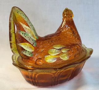 Fenton Art Glass Hand Painted Orange Slice Covered Chicken / Hen On Nest 6