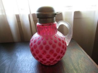 Fenton L.  G.  Wright Cranberry Opalescent Baby Coin Dot Bulbous Syrup Pitcher 6.  5