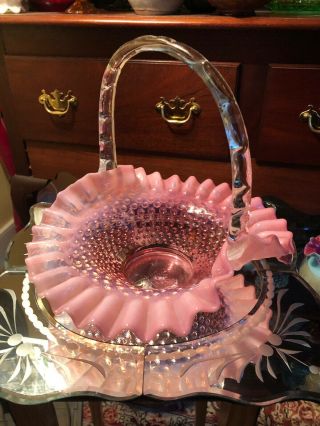 Fenton Cranberry Pink Opalescent Hobnail Ruffled Large 10 " Brides Basket