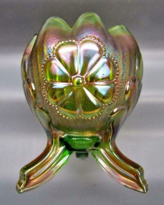 Northwood Daisy & Plume Green Carnival Glass Three - Footed Rose Bowl 6343