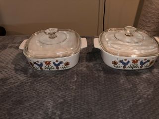 Set Of 2 Corning Ware Country Festival A - 2 - B 2 Quart Casserole Dishes With Lids