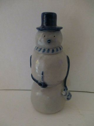 Eldreth Pottery Cobalt Blue Salt Glazed Snowman W Candle 9 3/8 "