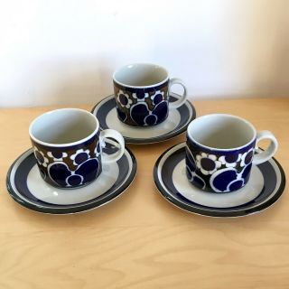 Arabia Of Finland Saara Set Of 3 Cups Saucers Mugs Blue Brown Mid Century Modern