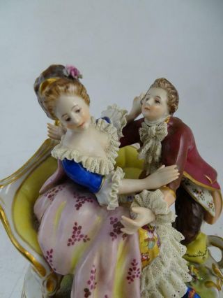 Antique Porcelain Figurine Statue Dresden Germany Lover ' s On Couch Lace 5.  5 