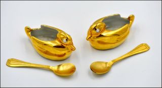 2 French Vintage Deco Signed Robj Porcelain Duck Open Salts,  Gilt Spoons