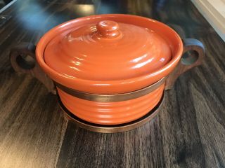 Rare Vintage Bauer Pottery Red Orange Ringware Casserole Dish Lid Wood Stand