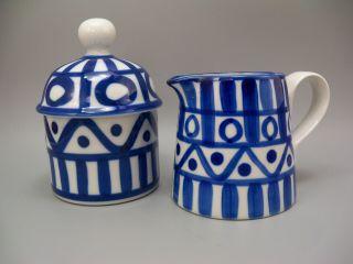 Dansk Arabesque Blue & White Sugar Bowl W/ Lid And Creamer Pitcher