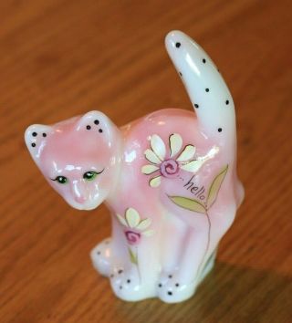 Fenton Glass Pink And White Handpainted Cat Hello Figurine