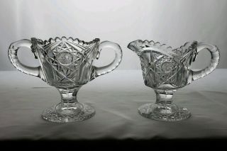 Signed Hoare Abp American Brilliant Period Cut Glass Footed Creamer And Sugar