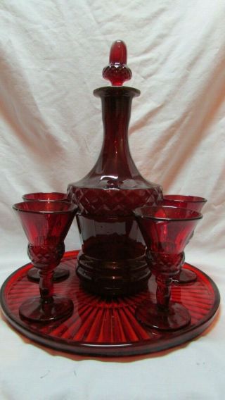 Martinsville Lady Astor Ruby Decanter W/original Stopper 4 Wines Round Tray