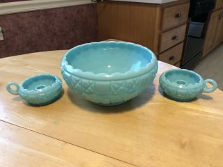 Turquoise Blue Milk Glass Center Piece Bowl & Candle Holders Geometric P