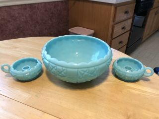 Turquoise Blue Milk Glass Center Piece Bowl & Candle Holders Geometric P 2