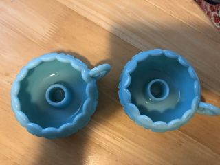 Turquoise Blue Milk Glass Center Piece Bowl & Candle Holders Geometric P 5