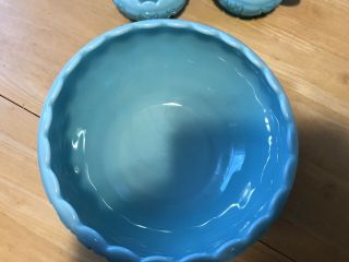 Turquoise Blue Milk Glass Center Piece Bowl & Candle Holders Geometric P 6