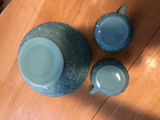 Turquoise Blue Milk Glass Center Piece Bowl & Candle Holders Geometric P 7