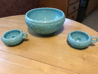 Turquoise Blue Milk Glass Center Piece Bowl & Candle Holders Geometric P 8
