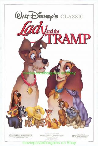 Lady And The Tramp Movie Poster R1986 27x41 Rarerolled Disney Animation