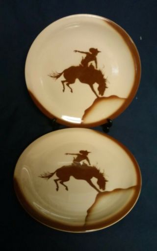 Two Vintage Jackson China Airbrushed Restaurant Ware Plates Western Cowboy Bronc
