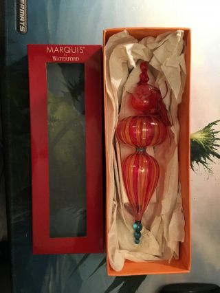 Marquis By Waterford Red,  Aqua & Orange 10” Glass Ornament Red Tassle Euc Calda
