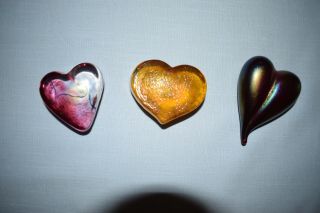 Three Robert Held Art Glass Signed Heart Paperweights