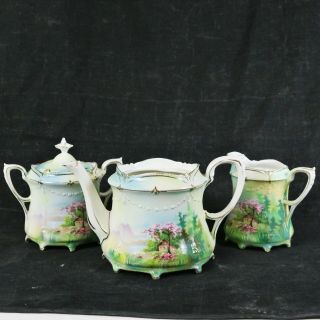 Vintage Rs Prussia 3 Piece Tea Set Rare House/tree Pattern,  Creamer/sugar Bowl