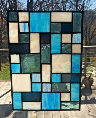 Frank Lloyd Wright Inspired Stained Glass Panel - Blues And Whites 3