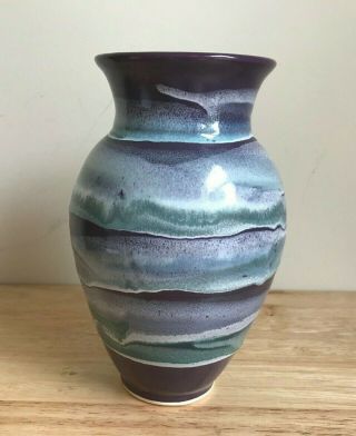 David & Cathy Robinson Weare Hampshire 8 " Purple Green Aqua Vase - Euc