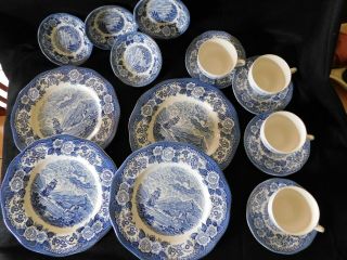 Lochs Of Scotland Blue By Wedgwood Set 4 Plates,  4 Cups/saucers,  4 Fruit Bowls