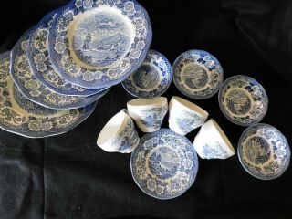 Lochs of Scotland Blue by Wedgwood set 4 plates,  4 cups/saucers,  4 fruit bowls 5