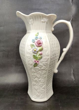 Stunning Vintage 10 " Belleek Pitcher With Hand Applied Flowers