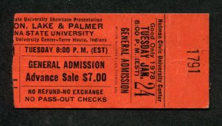 1978 Emerson Lake & Palmer Concert Ticket Stub Terre Haute Love Beach