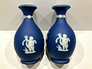 Wedgwood Dark Cobalt Blue Dip 5 " Bud Vase Jasperware C.  1891 - Pair (2) Lovely
