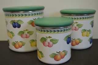 Villeroy & Boch French Garden Canister Set /3 Enamel Wood Lid Fruit Jar Storage