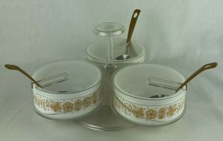 Vintage Pyrex Gemco Butterfly Gold Condiment Server Lazy Susan With Lids Spoons