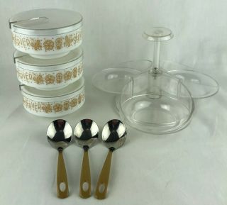 Vintage Pyrex Gemco Butterfly Gold Condiment Server Lazy Susan With Lids Spoons 2