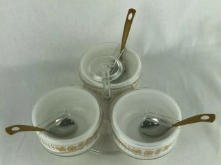 Vintage Pyrex Gemco Butterfly Gold Condiment Server Lazy Susan With Lids Spoons 4