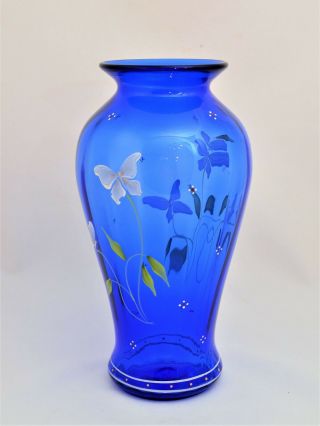 Vintage Fenton Glass Cobalt Blue Hand Painted Vase Flowers Butterflies