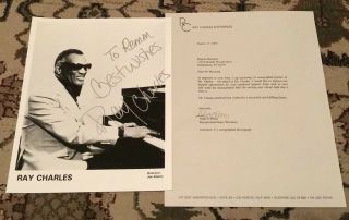 Ray Charles Autographed 8 X 10 & Letter From Ray Charles Enterprises