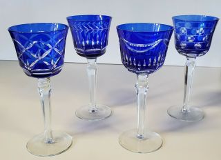 Set Of 4 Cobalt Blue Cut To Clear Wine Glasses