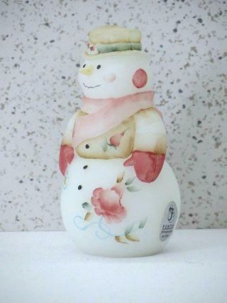 FENTON SNOWLADY WITH HAND PAINTED ROSES ON WHITE SATIN SIGNED LOGO 2