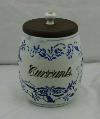 Vintage Blue Onion Canister Currants Wood Lid Germany Blue