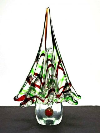 Vintage Hand Blown Murano Art Glass 9 " Christmas Tree Red & Green Canes W Label