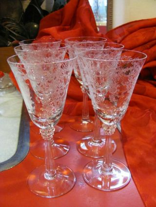 6 Fostoria Romance 3 Oz Wine Goblet Etched Glass Ribbon Floral