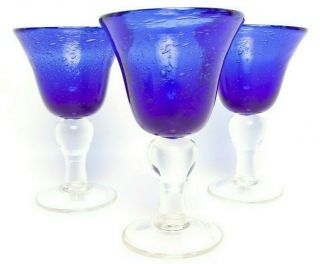 Vintage Cobalt Blue Bubble Glass Goblets Clear Ball Stems Hand Blown 3 Wine Glas