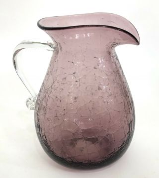 Vintage Blenko Amethyst Purple Crackle Art Glass Pitcher Hand Blown 10” 7