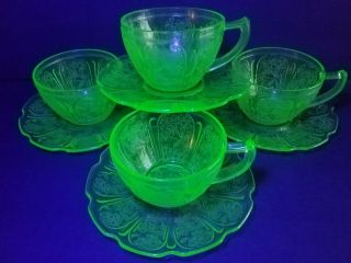 Jeannette " Cherry Blossom " Cups & Saucers Set/4 Uranium Green Vaseline Glass Vtg