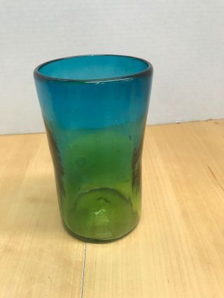 Vtg Very Heavy Art Glass Vase Smooth Texture Mid Century Modern Blue Green