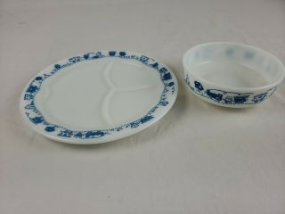 Pyrex Childrens Divided Grill Plate & Bowl Set Blue Trains